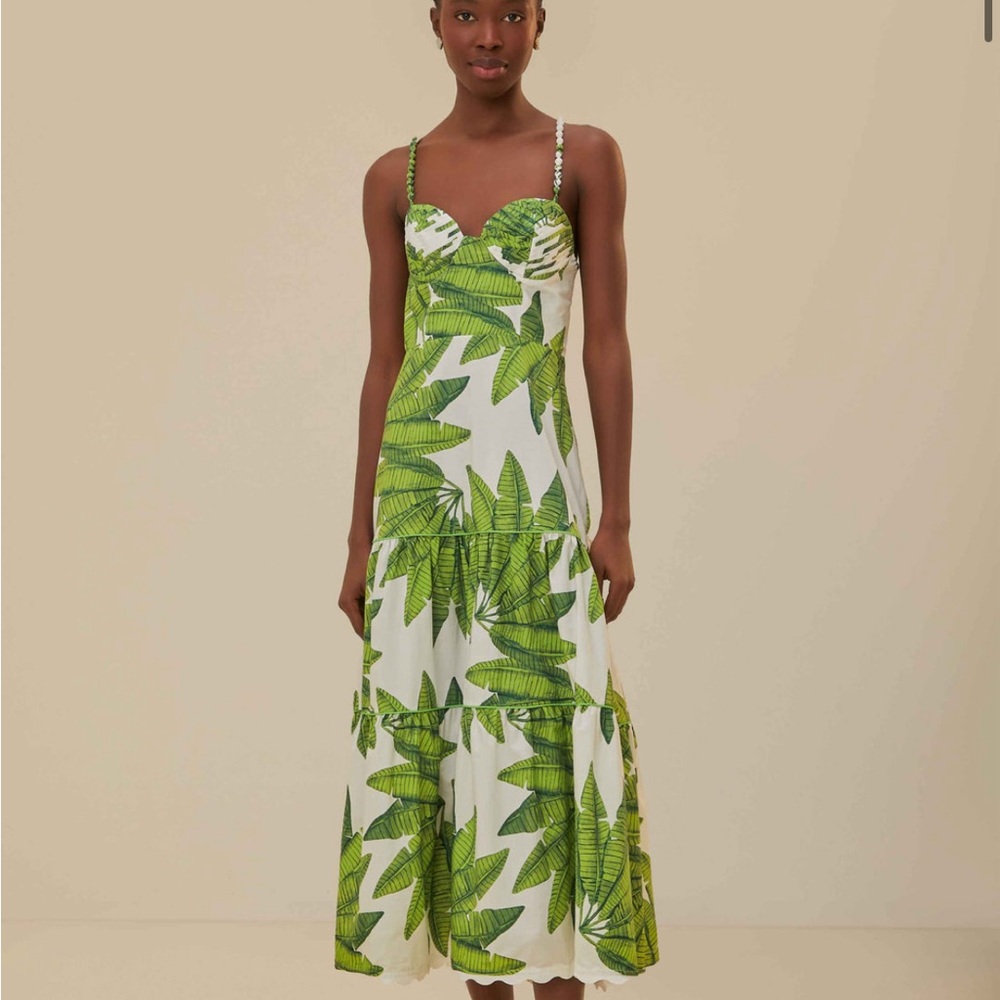NWT FARM Rio Off-White Palm Fan Midi Dress